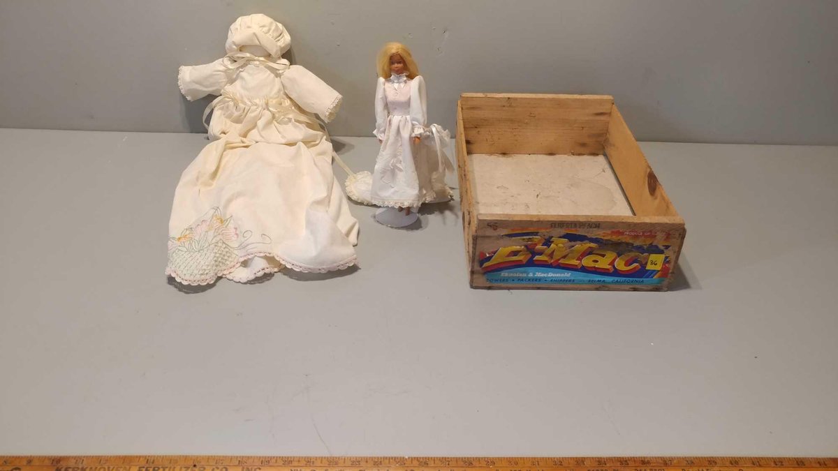 BARBIE DOLL AND HOMEMADE DOLL W/WOODEN CRATE