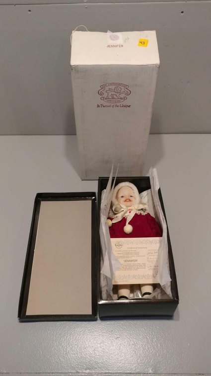 JENNIFER PORCELAIN COLLECTOR DOLL BY EDWIN M KNOWLES CO. W/DOLL STAND, (NEW IN BOX)