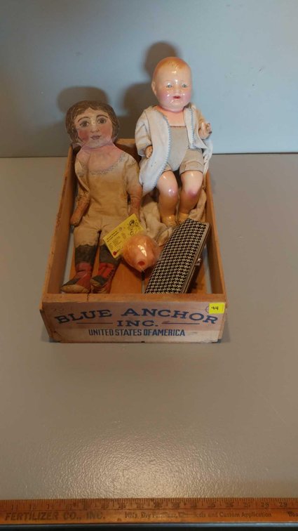 ANTIQUE DOLL & HOMEMADE OLD DOLL, DOLL HEAD, PURSE, & WOODEN CRATE