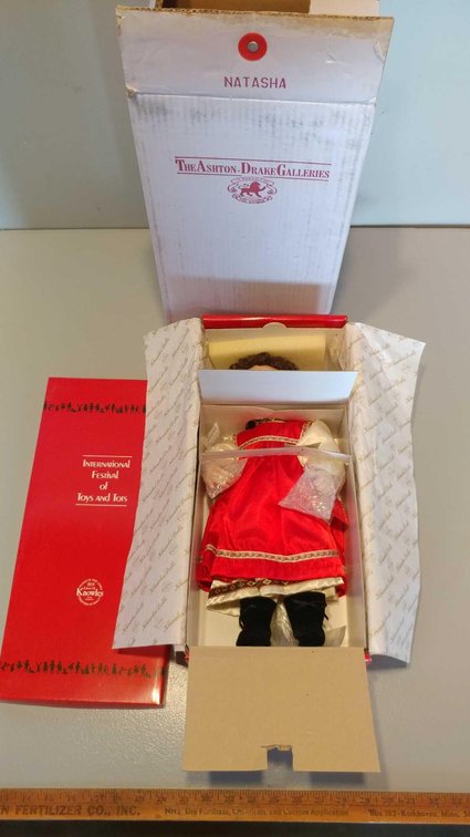 NATASHA PORCELAIN DOLL W/DOLL STAND, BY THE ASHTON-DRAKE GALLERIES, (NEW IN BOX)
