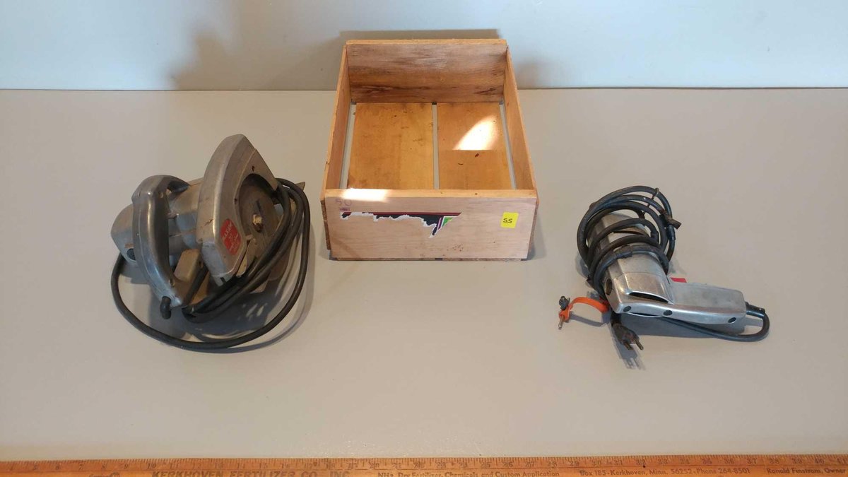 MAXAW 717 MAGIC PIVOT SPECIAL SKILL SAW, CRAFTSMAN DRILL & WOOD CRATE