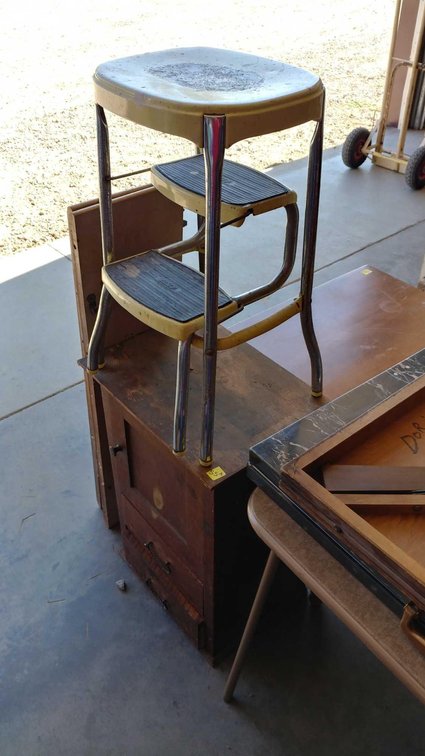 VINTAGE WOODEN CABINET AND STEP STOOL