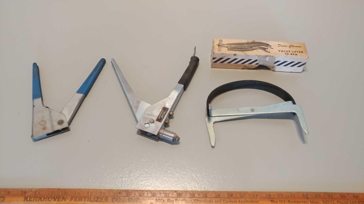 BLACK & DECKER RIVET TOOL, DURO-CHROME VALVE LIFTER, BATTERY CARRIER, & POP-RIVET TOOL