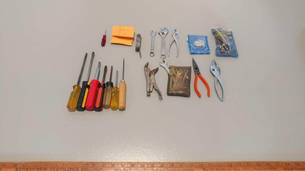 ASSORTMENT OF SCREW DRIVERS, PLIERS, HEX KEY SET, ADJUSTABLE PLIERS, & OTHER ITEMS