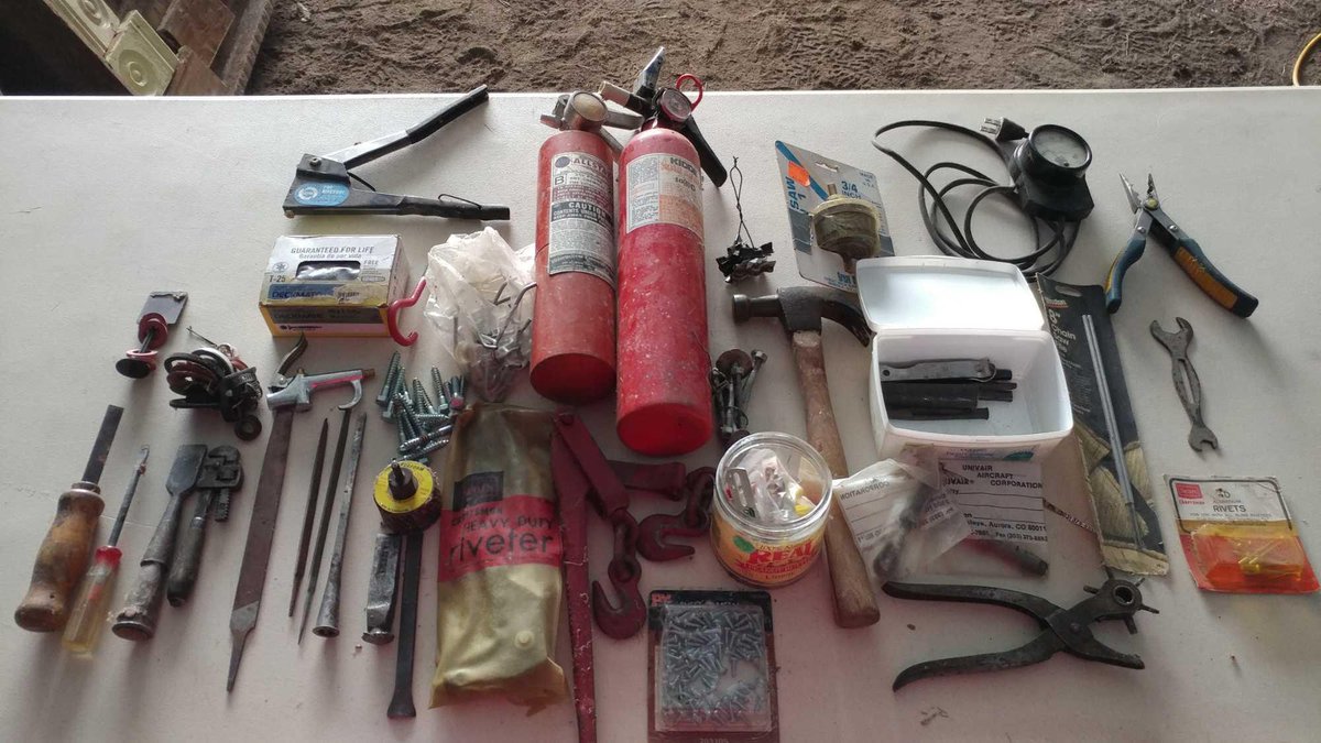 WIRE NUTS, FIRE EXTINGIUSHERS, HAMMER, ASSORTMENT OF HOLE BITS, PLIERS, RIVET GUN, CHAIN BINDER, AN