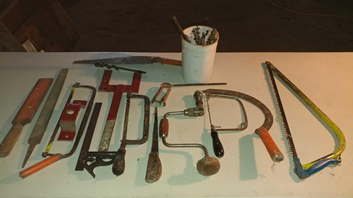 ASSORTMENT OF SAWS, DRILL BITS, FILE, AND SQUARE