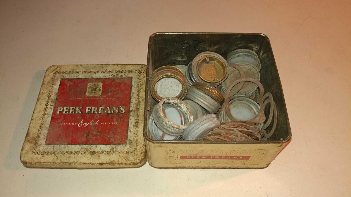 VINTAGE PEEK FREAN'S TIN W/MASON JAR LIDS