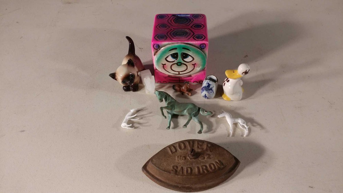 CERAMIC BANK, ANTIQUE IRON, AND FIGURINES