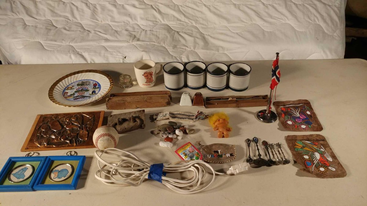 ASSORTMENT OF CUPS, PLATES, EXTENSION CORDS, AND MISC KNICK KNACKS