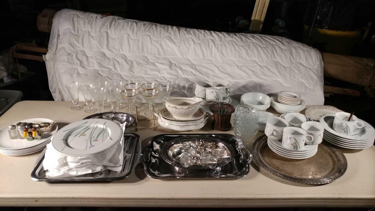 SILVER TONED TRAYS, POPE GOSSER CHINA SERVING DISHES, WINE GLASSES, SHAKER SETS, SILVER TRAYS