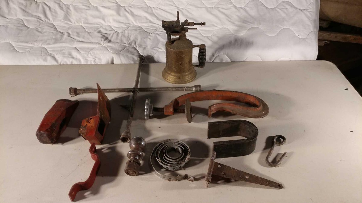 VINTAGE BLOW TORCH, AXE & PICK HEAD, TIRE IRON, ETC
