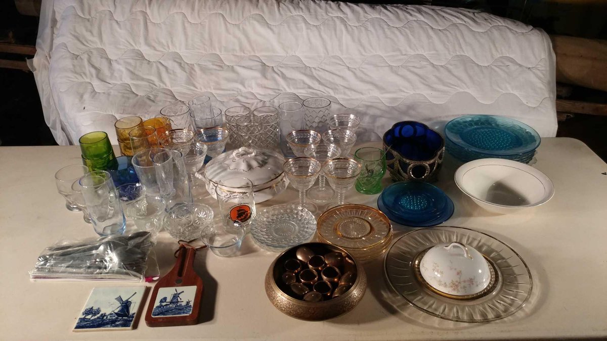 AMBER, BLUE, GREEN GLASS, BRASS NAPKIN RINGS, BRASS DISH, FLATWARE, TRIVETS
