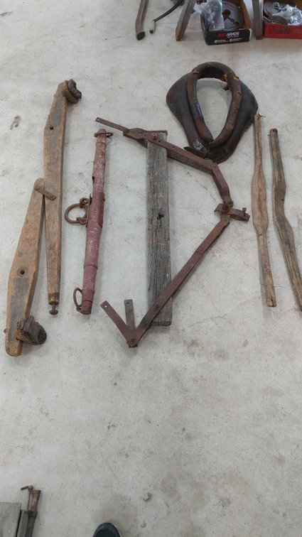 EVENER, YOKES, WAGON BRAKE, HORSE COLLAR, AND SINGLE TREES