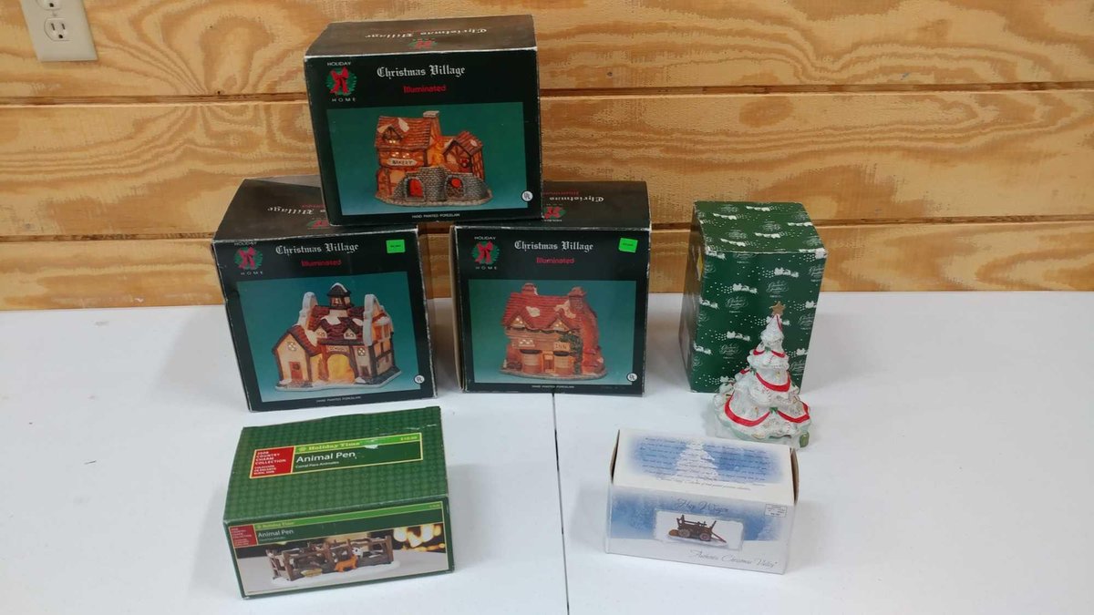 (3) CHRISTMAS VILLAGE ILLUMINATED BUILDINGS, MUSICAL TREE, HAY WAGON, ANIMAL PEN