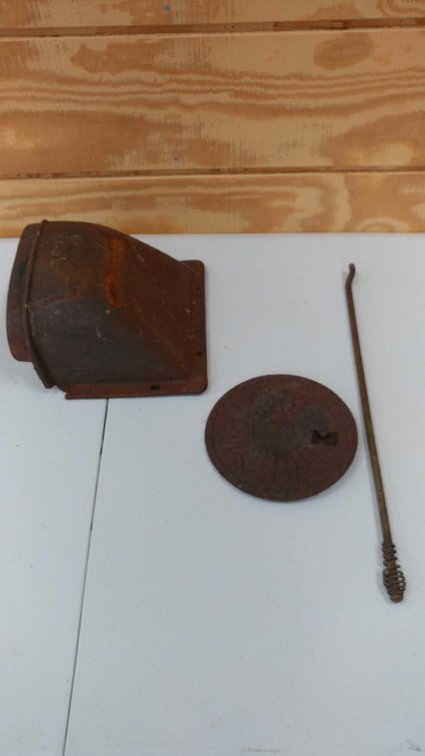 CAST IRON STOVE WALL TO STOVE PART, STOVE HANDLE, AND STOVE COVER