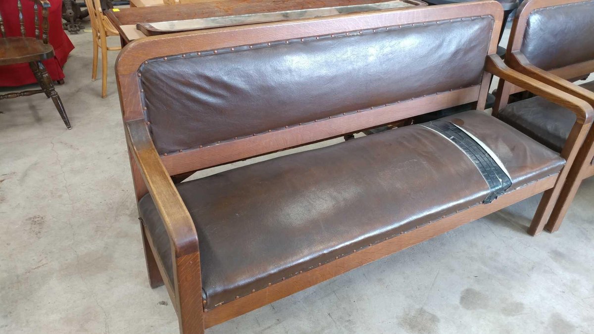 LEATHER PADDED BENCH W/ARM ENDS, SOLID WOOD - WELL MADE, FROM GLENWOOD MISSION HALL, SEAT HAS REPAIR