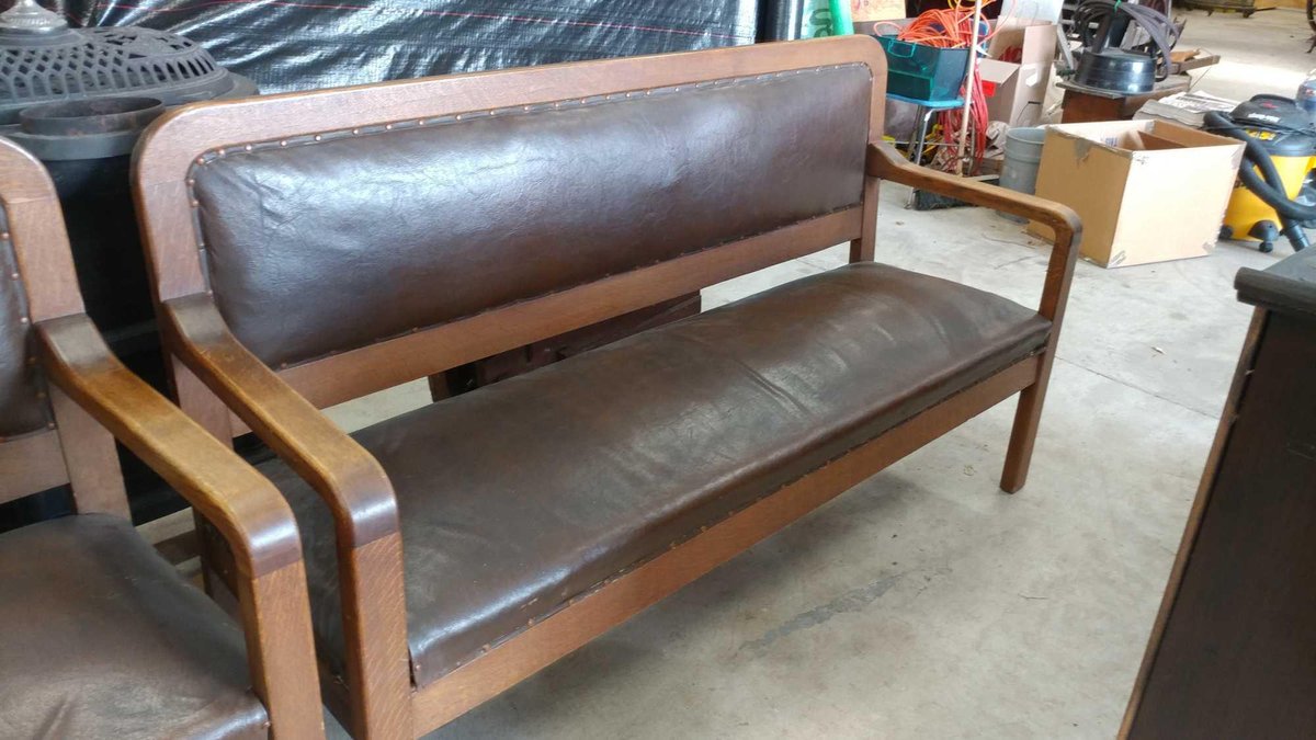 LEATHER PADDED BENCH W/ARM ENDS, SOLID WOOD - WELL MADE, FROM GLENWOOD MISSION HALL(71"W