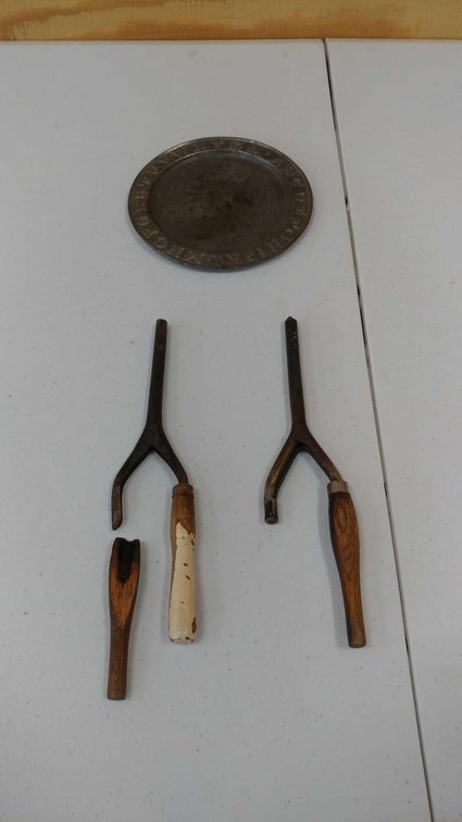 (2) ANTIQUE CURLING IRONS AND SILVER PLATE