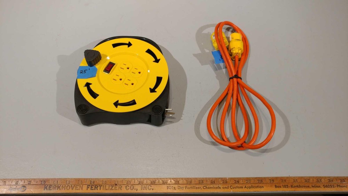 (I-20) 25' RETRACTABLE EXTENSION CORD AND 8' EXTENSION CORD (LOCATED AT ZIELSDORF AUCTIONS)