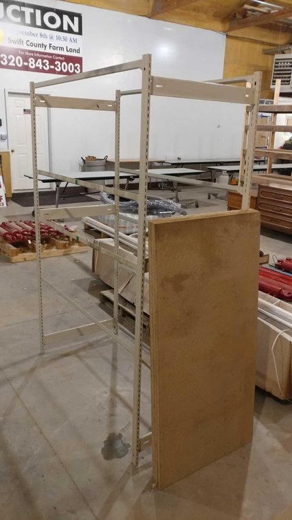 (I-84) STEEL AND WOOD SHELF (51"W X 72"H X 25"D) (LOCATED AT ZIELSDORF AUCTIONS)