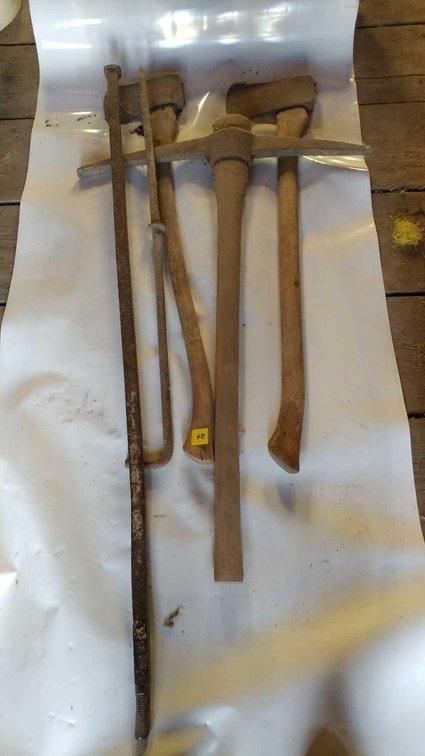 (A) (2) AXES, PICK AX, PIPE THREADED END, AND HOOKED PIPE