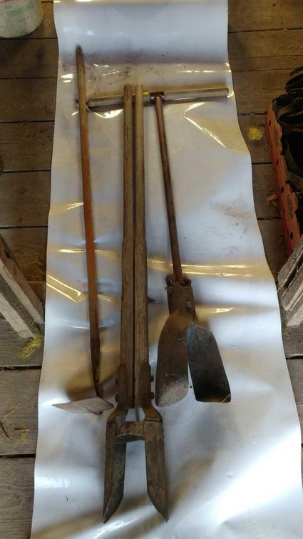 (A) (2) POST HOLE DIGGERS, AND GARDEN HOES