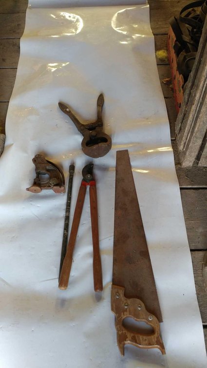 (A) VINTAGE LEATHER PUNCH, CASTRATION TOOL, PRUNER, AND HAND SAW
