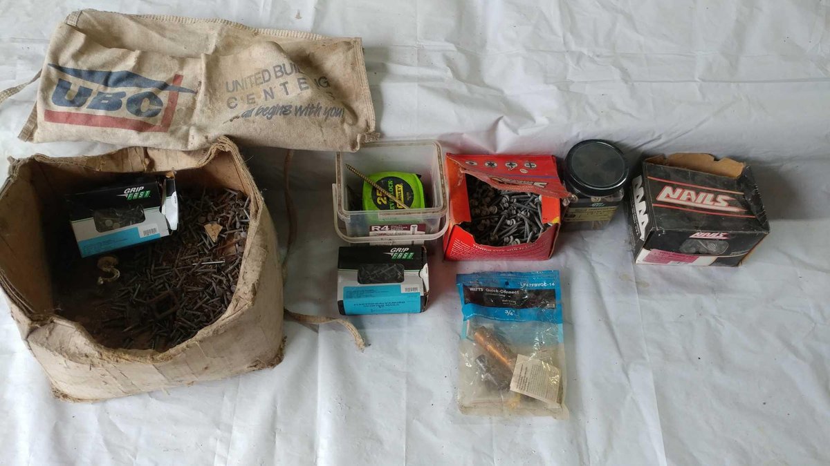 (B) POLE BARN SCREWS, LAG SCREWS, VINYL SIDING NAILS, FASTENERS, TAPE MEASURE, AND SHINGLE TACKS