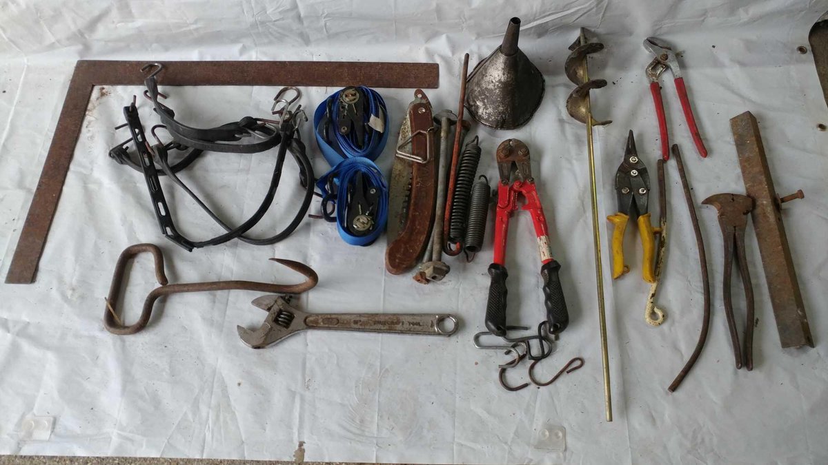 (B) SQUARE, RATCHET STRAPS, FUNNEL, BOLT CUTTER, AND VARIOUS TOOLS