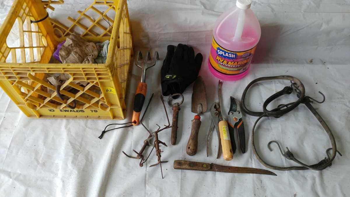 (B) EWALDS MILK CRATE, RV ANTIFREEZE, AND GARDEN TOOLS