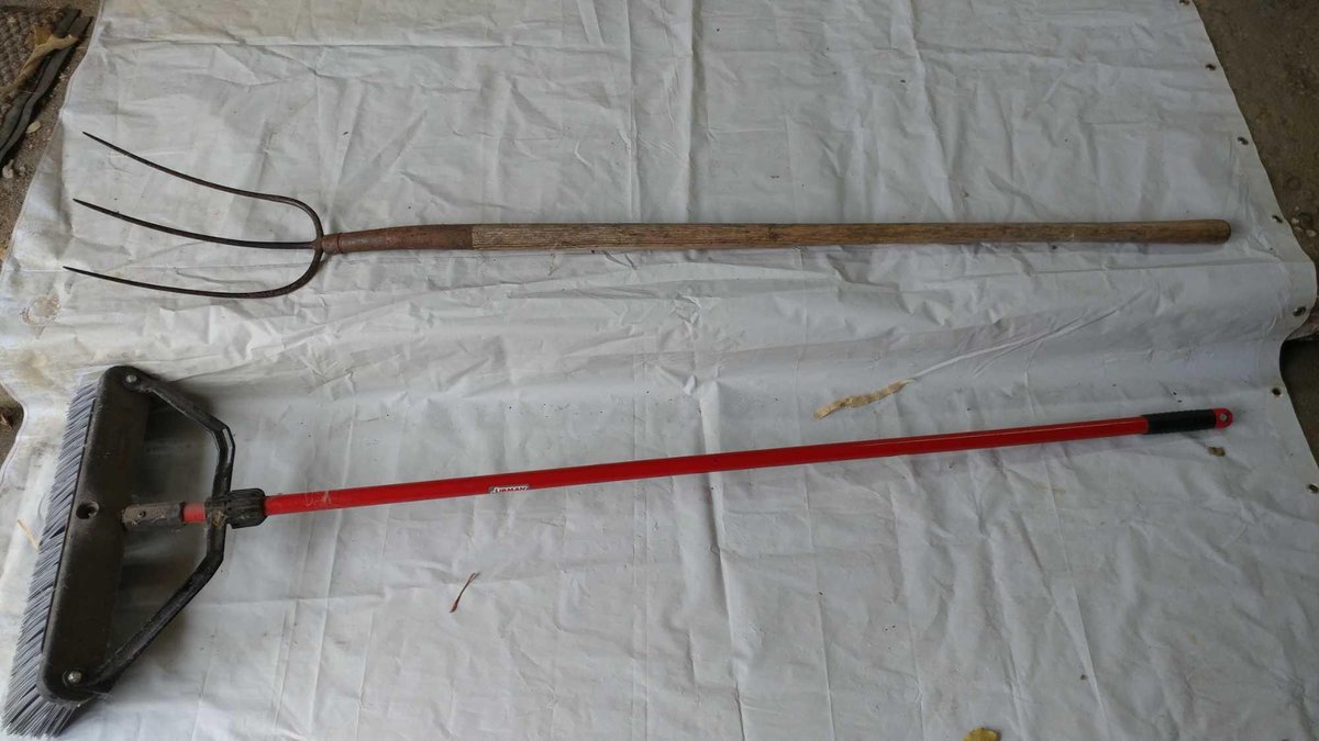 (B) BROOM AND 3-TINE HAY FORK