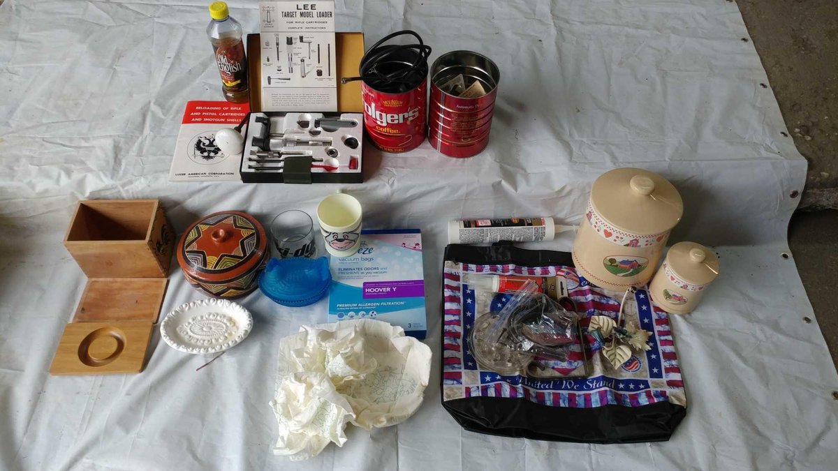 (B) CANISTER, LIDDED POTTERY DISH, BLUE HEN CANDY DISH, VACUUM BAGS, LEE TARGET MODEL LOADER, AND MI
