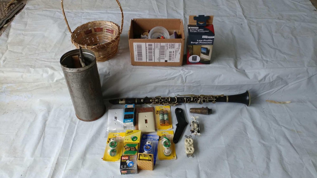 (B) VINTAGE ICE CREAM MAKER PART, BASKET, CLARINET, FUSES, SWITCH PLATES, AND HARD WIRE BRADS