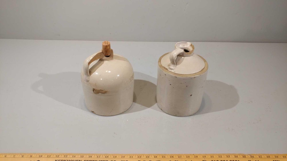 (2) ANTIQUE STONEWARE JUGS, (SOME CHIPS OR CRACKS)