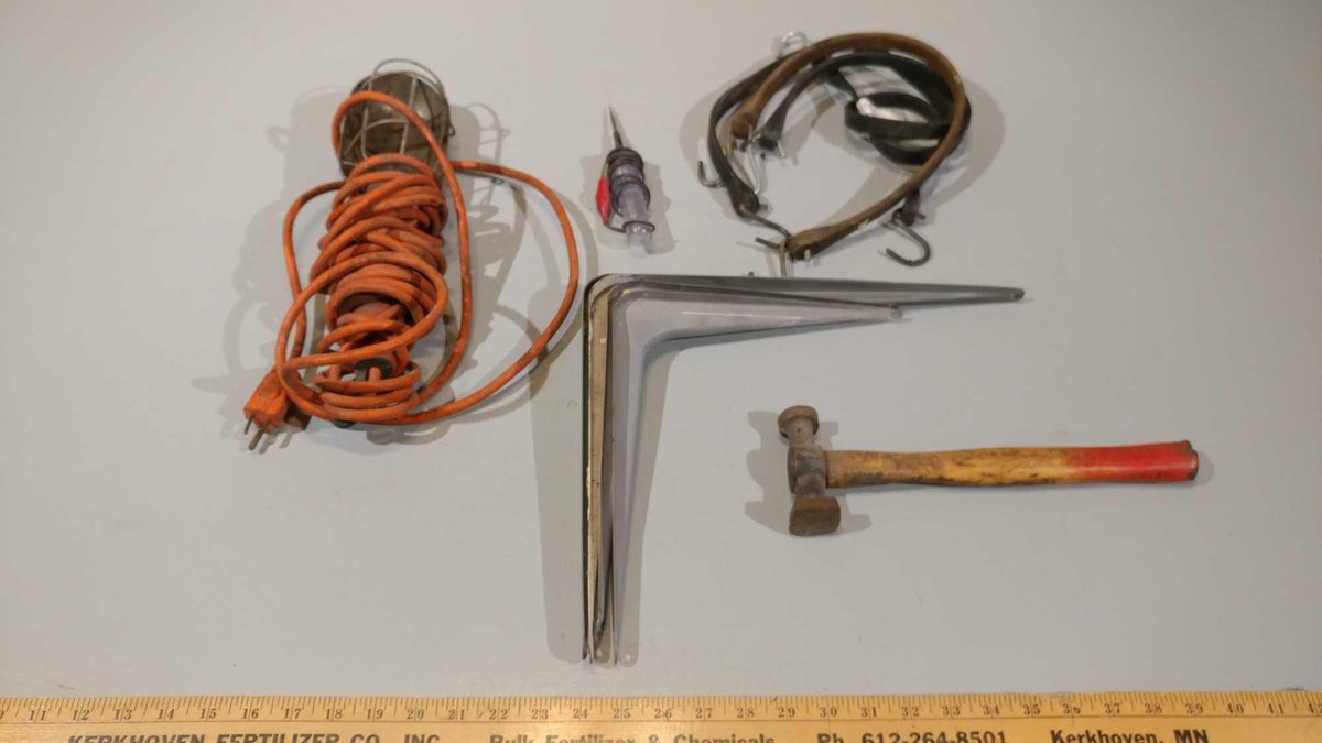 TROUBLE LIGHT, SHELF BRACKETS, BUNGEE CORDS, HAMMER, AND TESTER