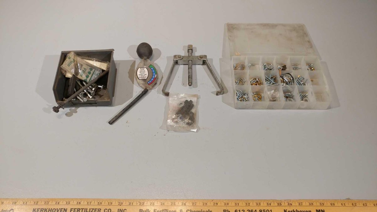 PULLEY PULLER, BATTERY TESTER, AND ASSORTMENT OF SCREWS, WASHERS, & MISC HARDWARE