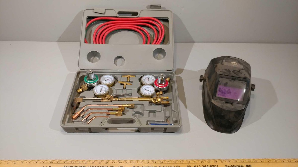 TORCH KIT (HOSE, REGULATORS, AND TORCH) AND WELDING HELMET