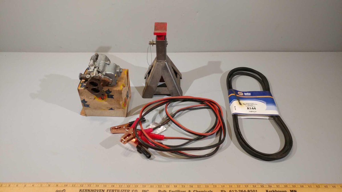 JACK STAND, BELT, JUMPER CABLES, AND CARBURETOR