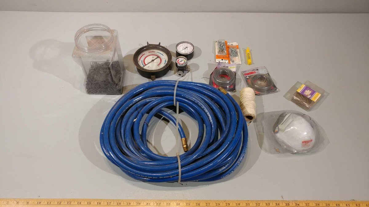 3/8" AIR HOSE, PRESSURE GAUGES, SCREWS, WIRE, AND MISC