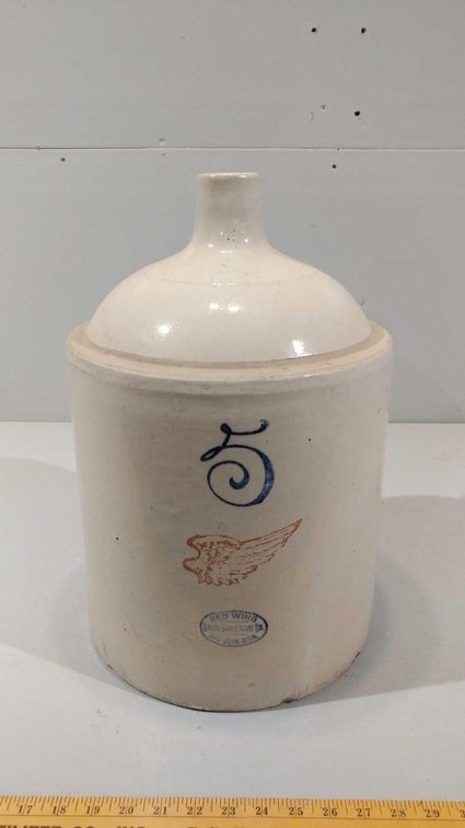 REG WING 5 GAL UNION STONEWARE COMPANY JUG, (SOME CHIPS)
