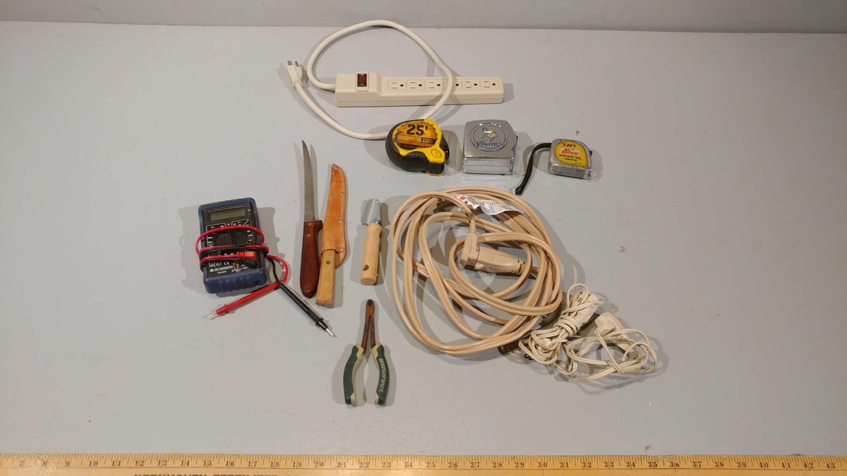VOLTAGE TESTER, FILLET KNIVES, TAPE MEASURES, INDOOR EXTENSION CORDS, AND POWER STRIP