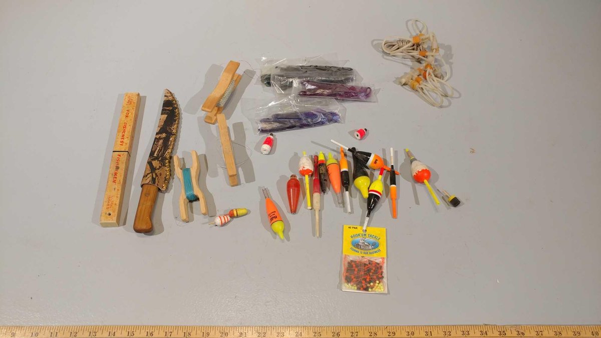 ASSORTMENT OF BOBBERS AND TACKLE
