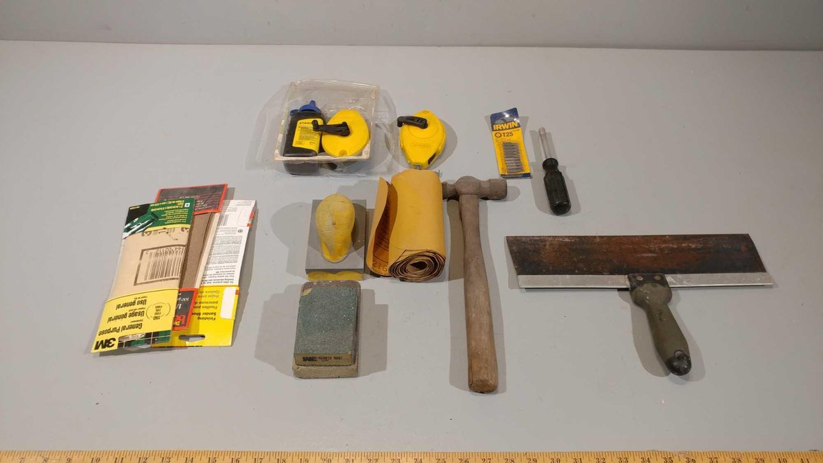 (2) CHALK LINES & CHALK, TROWEL, SANDING BLOCK, SAND PAPER, BITS, AND HAMMER