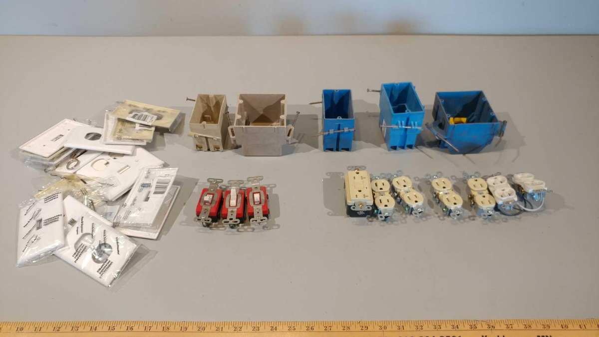 ASSORTMENT OF OUTLETS, BOXES, & SWITCHES, WIRE NUTS, AND FACE PLATES