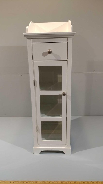 WHITE BATHROOM STAND/CABINET W/GLASS DOORS