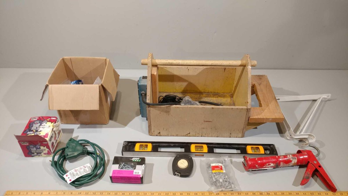 WOODEN TOOL CARRIER, LEVEL, SHELF BRACKETS, TAPE MEASURE, SCREWS, AND MISC