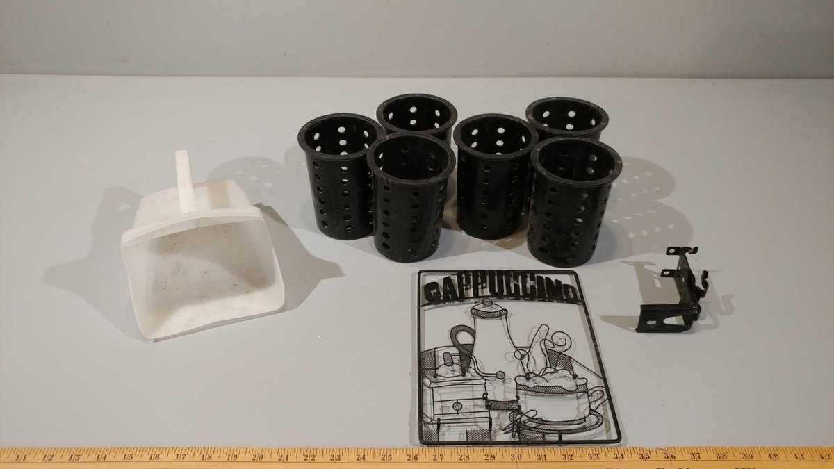 SILVERWARE PLASTIC HOLDERS, CAPPUCCINO SIGN, AND PLASTIC SCOOP