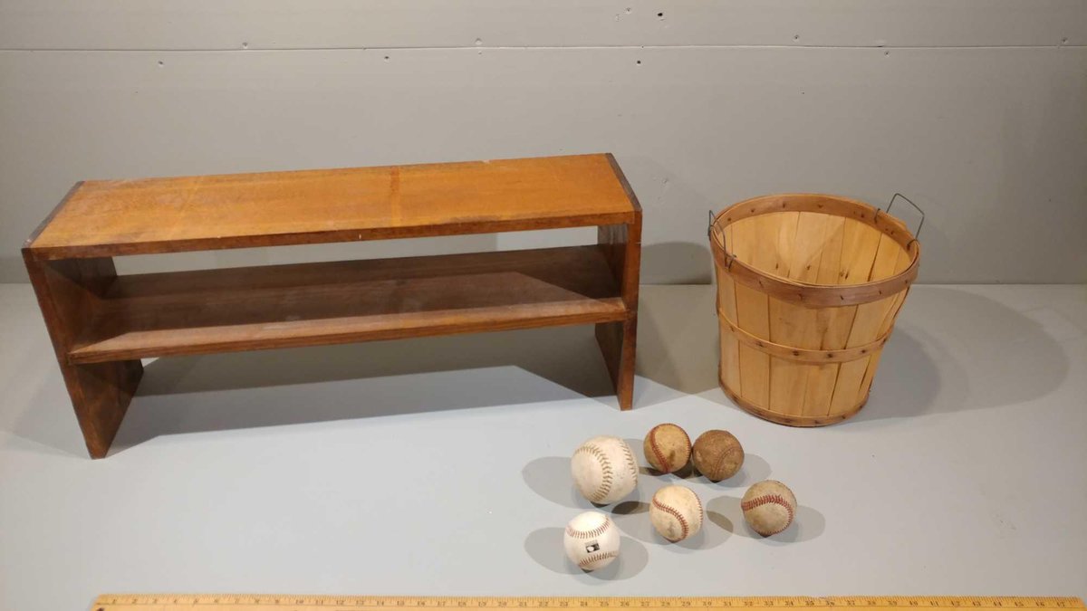 WOODEN BASKET, BASEBALLS, AND SMALL WOODEN SHELF