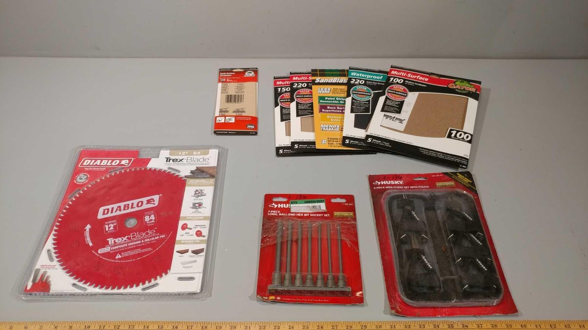 12" MITRE SAW BLADE, LONG BALL END HEX BIT SET, 5-PIECE MINI PLIERS SET, AND SANDPAPER