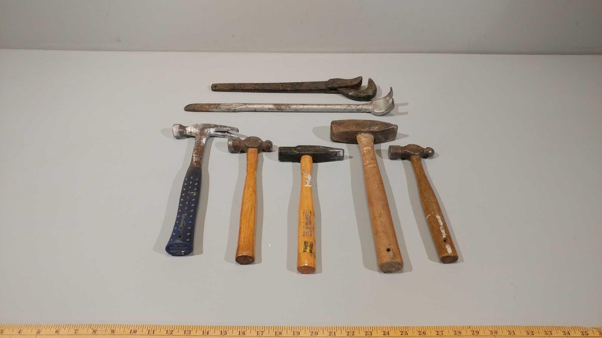 ASSORTMENT OF HAMMERS, SPANNER WRENCH, AND PRY BAR